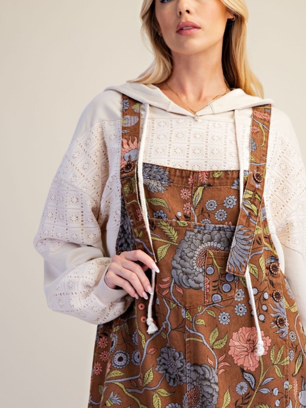 "The Viola" Brown Floral Vintage Washed Oversized Cropped Overalls/Jumpsuit - Picture 4 of 4